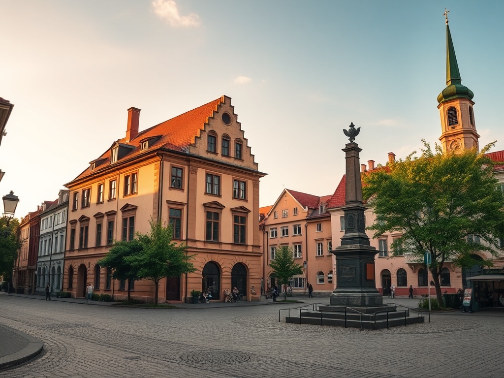 Panorama miasta Starachowice z widocznymi charakterystycznymi budynkami i terenami zielonymi.